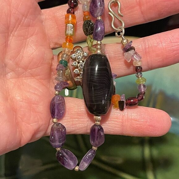 VTG Genuine Amethyst Pendant & Gemstone Handcrafted Necklace 16” Silver Findings - Picture 2 of 3